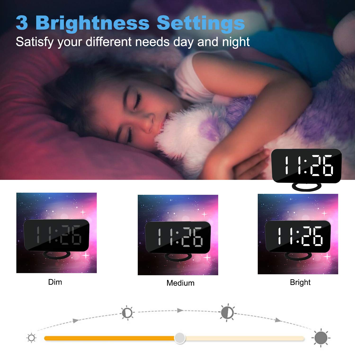 SZELAM Digital Clock Large Display, LED Alarm Electric Clocks Mirror Surface for Makeup with Diming Mode, 3 Levels Brightness, Dual USB Ports Modern Decoration for Home Bedroom Decor-Black