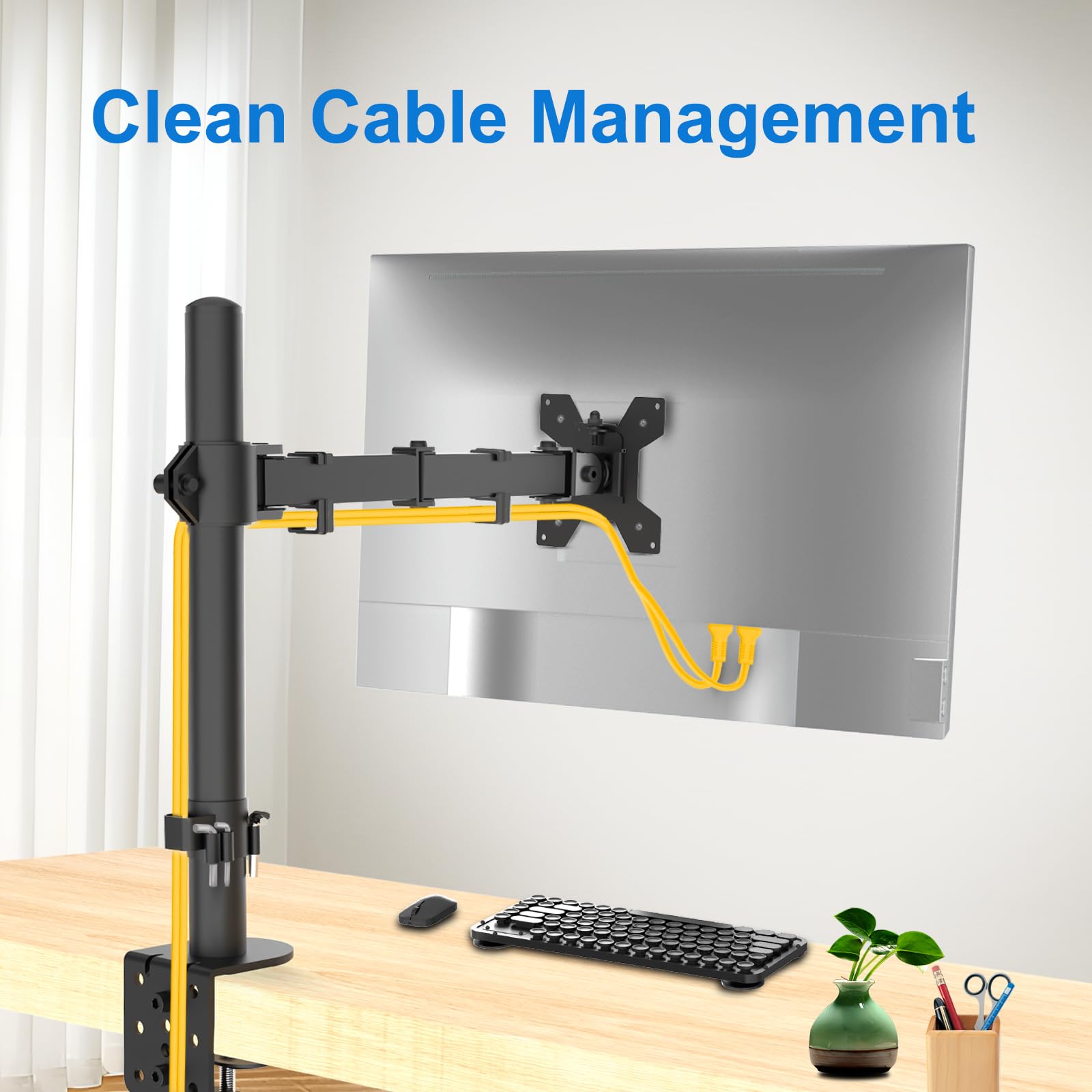 H&C(hcck&Cllassp) Single Monitor Mount, Desk Mount with Swivel, Tilt, Rotation, Height Adjustable, VESA Mount for 17-27” Monitors up to 17.6 lbs, Monitor Stand with C-Clamp, Black