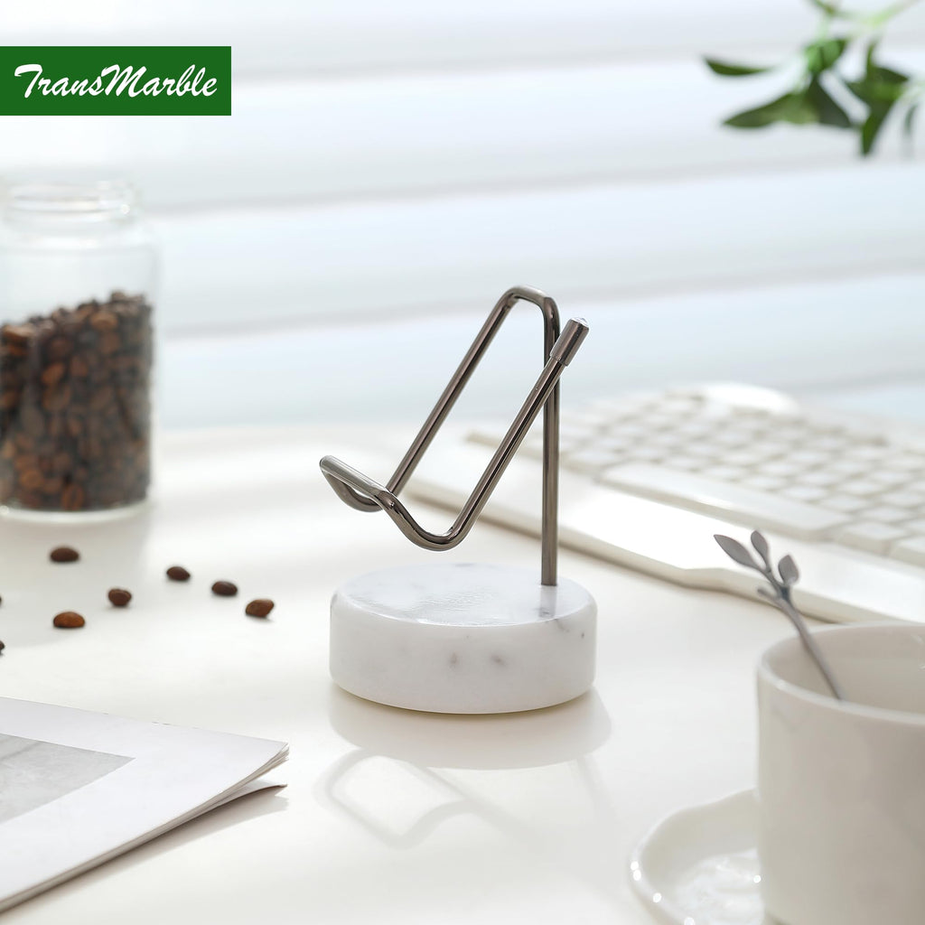 TransMarble Marble Phone Stand with Metal Holder, Charging Available While Using, Swipe Up to Unlock, Made of Natural Marble as Business Card Holder for Office Desk (Starry White + Black)