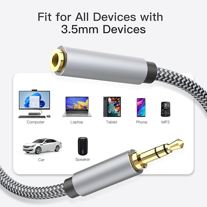 3.5mm Headphone Extension Cable 6ft, Nylon Braided Aux Cord Extender for Smartphones, Tablets, Media Players (No Mic Support)