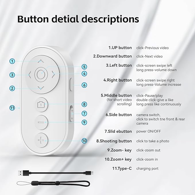 Bluetooth Camera Remote Shutter with Zoom and Front/Rear Camera Switch for Photo and Vlogging,Cllphone Remote Clicker for iOS & Android Smartphone, Wireless Video Scrolling for Tiktok