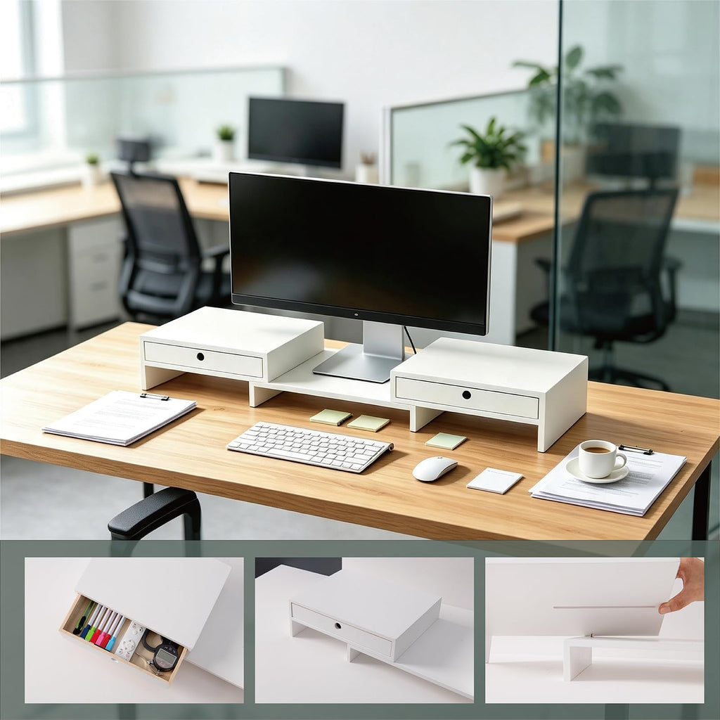 LAPTAIN Monitor Stand Riser, Adjustable Monitor Stand, 2 Drawers, White