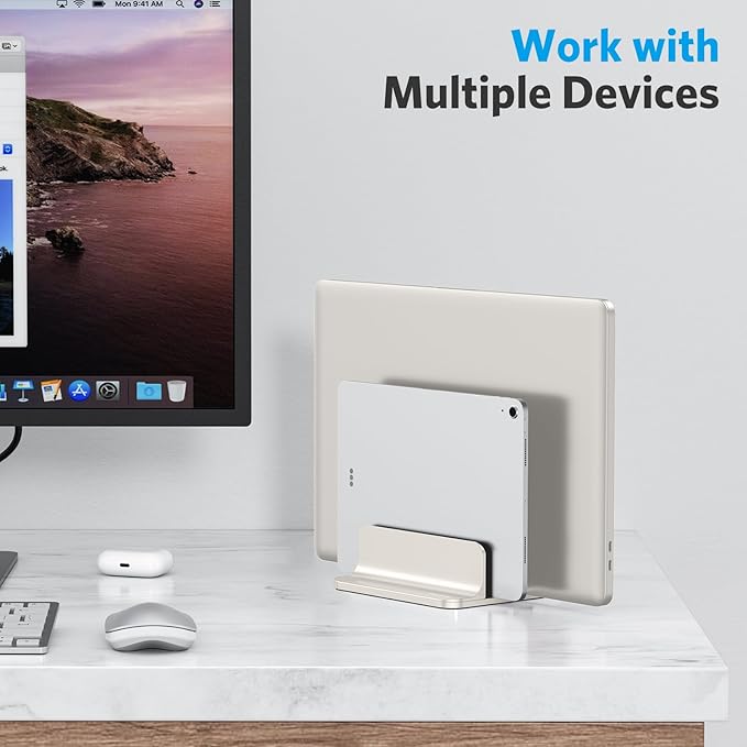 OMOTON [Updated Dock Version Vertical Laptop Stand, Double Desktop Stand Holder with Adjustable Dock (Up to 17.3 inch), Fits All MacBook/Surface/Samsung/HP/Dell/Chrome Book (Starlight)