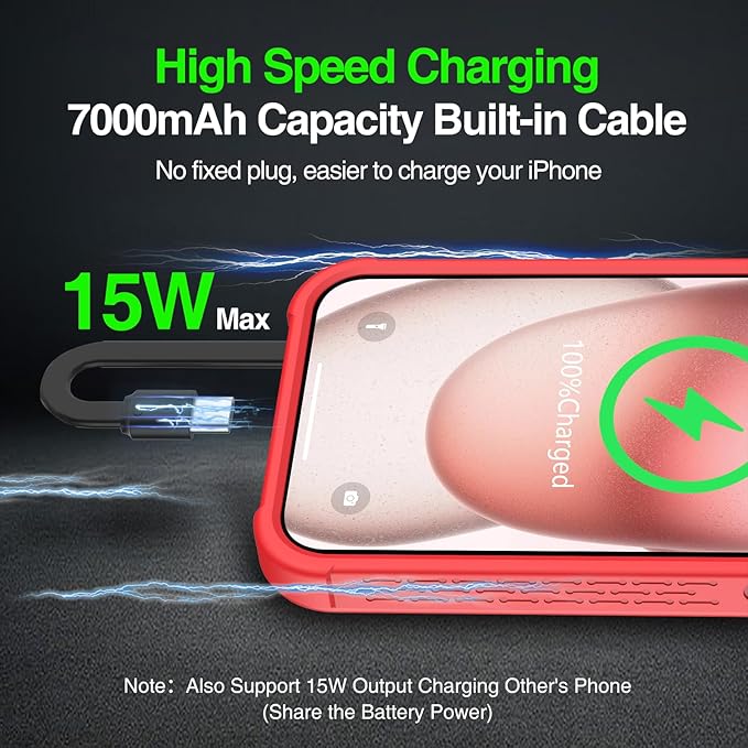 GIN FOXI Fast Charging Battery Case for iPhone 15/15 Pro, 7000mAh 15W Ultra Slim Charger Case Rechargeable Portable Extended Power Bank Case Cover Battery Pack Built-in Cable, Red (6.1”)