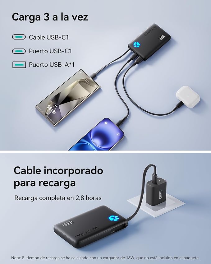 INIU Portable Charger, Slim 10000mAh Power Bank with Build in USB-C Cable, 20W Fast Charging Mini Battery Pack, Travel Trip Flight Cruise Ship Essentials for College Student Travelers Boy Girl, Orange