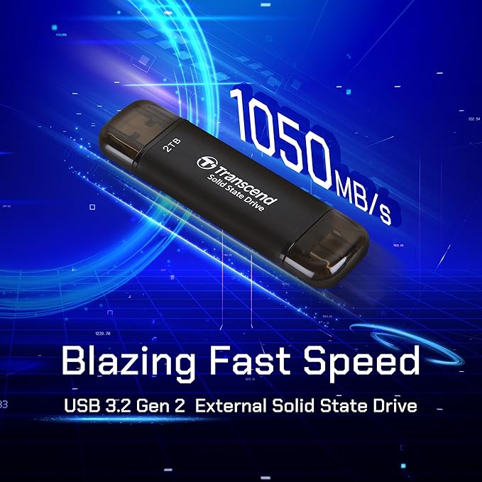 Transcend 1TB External SSD, Up to 1,050MB/s, Dual USB Hard Drive for Tesla, iPhone15,16&iPad&Mac, Steam Deck/ROG Ally/MSI Claw/Windows/Android/PS5/Smart TV, 2-in-1 Type C &A, USB 3.2 Gen2 Portable SSD