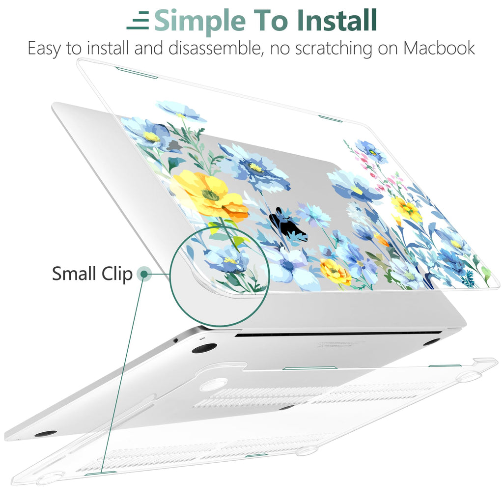 TWOLSKOO Compatible with MacBook Pro 13 inch Case 2023-2016 A2338 M2/M1 A2251 A2289 A2159 A1989 A1706, Plastic Hard Shell Cover & Keyboard Skin & Screen Protector, Blue Flowers