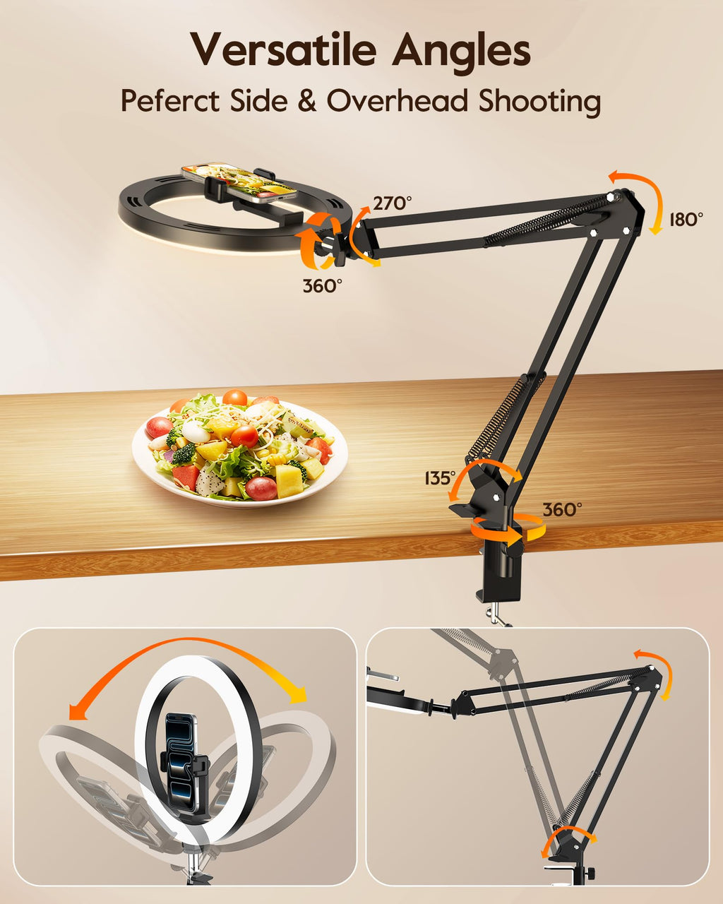Upgrade Ring Light with Stand, Overhead Phone Mount for Desk, 10” Selfie Light with Stand Tripod for iPhone, Light with Phone Holder for Video Recording,Zoom Meeting,Live Streaming Tiktok,YouTube