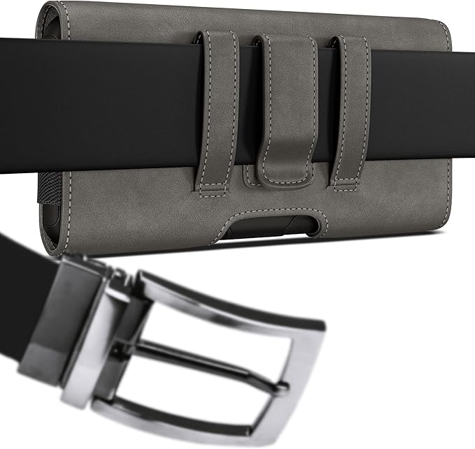 PiTau Holster for iPhone Pro Max & Plus 16, 15, 14, 13, 12, 11, 8, 7, 6, 6s, XS Max, Men's Cell Phone Case with Belt Clip ID Card Holder for Samsung Galaxy S25+, Fits with Case Cover on, Pewter Large