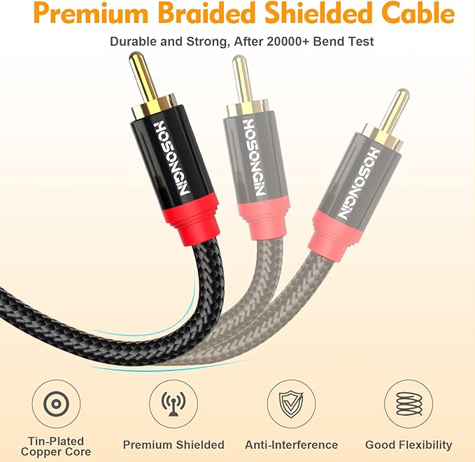HOSONGIN RCA Cables 15ft 2 Pack[Hi-Fi Sound, Nylon Braided, Shielded], 2-Male to 2-Male RCA Audio Stereo Subwoofer Cable Auxiliary Cord for Home Theater, HDTV, Amplifiers, Hi-Fi Systems, Speakers