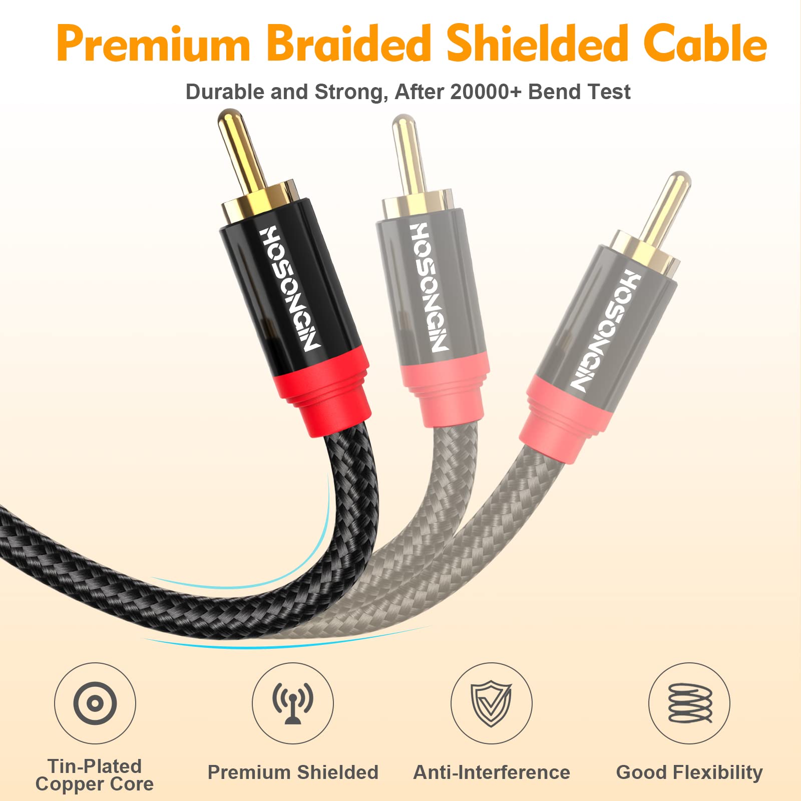 HOSONGIN RCA Cables 8FT 2 Pack[Hi-Fi Sound, Nylon Braided, Shielded], 2-Male to 2-Male RCA Audio Stereo Subwoofer Cable Auxiliary Cord for Home Theater, HDTV, Amplifiers, Hi-Fi Systems, Speakers