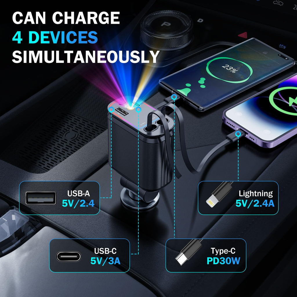 4 in 1 Retractable Car Chargers with Starlight, 66W USB C Fast Car Charger Adapter with 2 USB Ports for All iPhone 15/14/13/12/11 and for All Android (Black - RedLight)