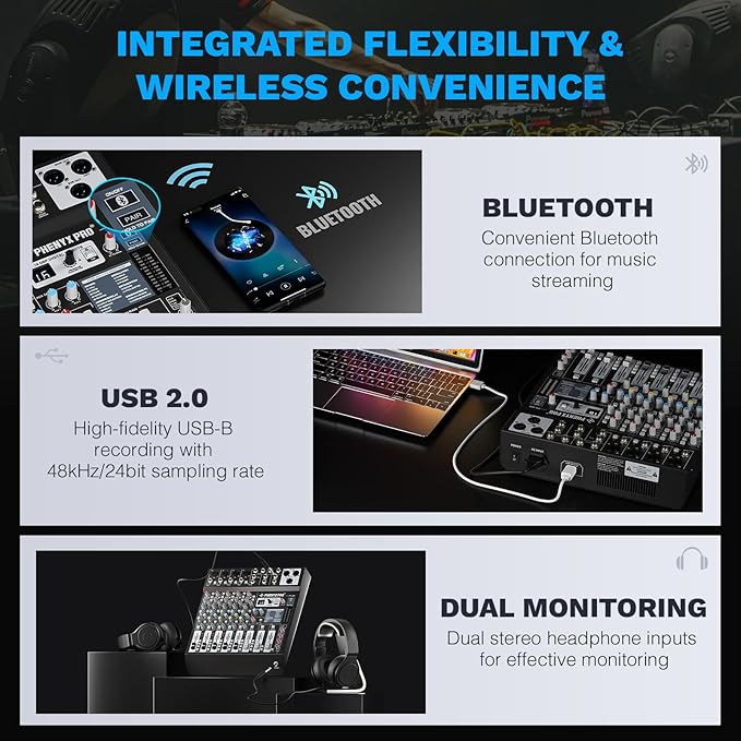 Professional 6-Channel Audio Mixer, Phenyx Pro DJ Sound Mixer Board w/Flexible AUX, BUS, SUB Routing, 16 DSP, BT Streaming & USB-B PC Recording, Mixing Console for Stage, Home Studio (PTL-600)