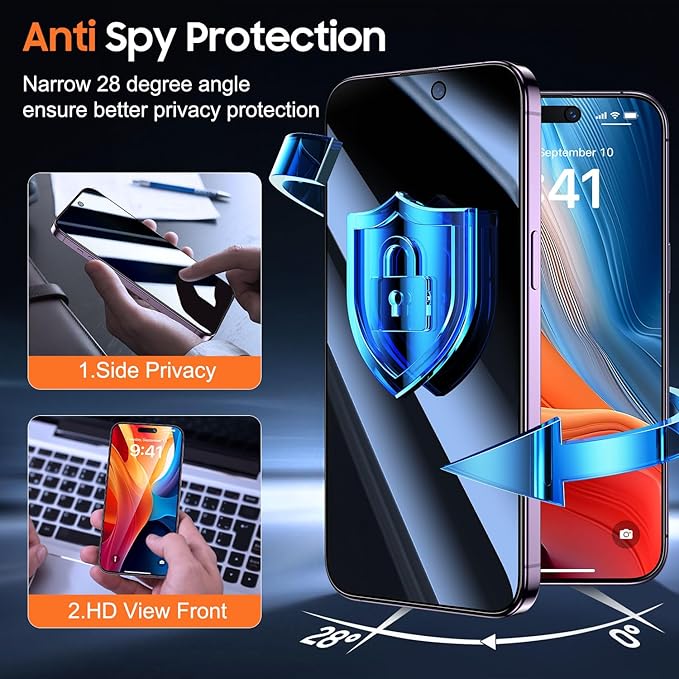 UniqueMe for iPhone 14 Pro Max Privacy Screen Protector - [Military Grade Shatterproof & 9H+ Hardness] Screen Protector 14 Pro Max Tempered Glass Full Coverage Protection, Easy to install, 2 Packs