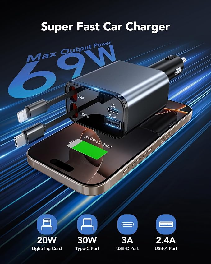 69W Retractable Car Charger, 4-in-1 Fast Car Phone Charger with 2.6ft Two Retractable Cables and USB C+USB A Car Charging Block Cube, Compatible with iPhone 16 15 14 13 12 Pro Max Plus,Galaxy,Pixel