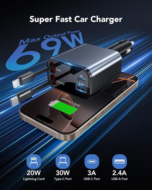 2026 Updated 85W Retractable Car Charger, 4-in-1 Fast Car Phone Charger with 2.6ft Two Retractable Cables and USB C+USB A Car Charging Block Cube, Compatible with iPhone 13 14 15 16 17 Pro Max, Plus