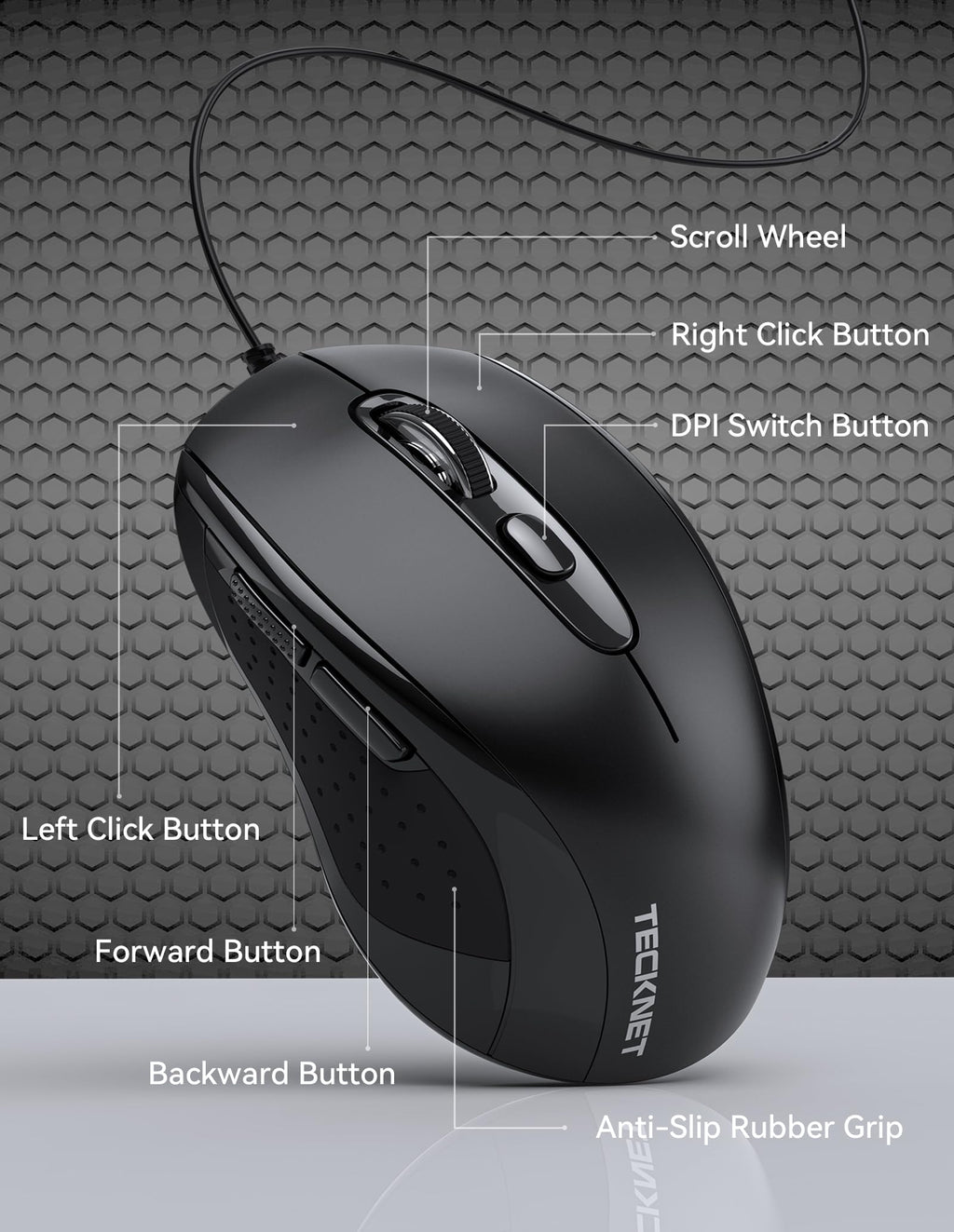 TECKNET Wired Mouse, 3600DPI, USB Wired Computer Mice, 6-Button, 4-Levels