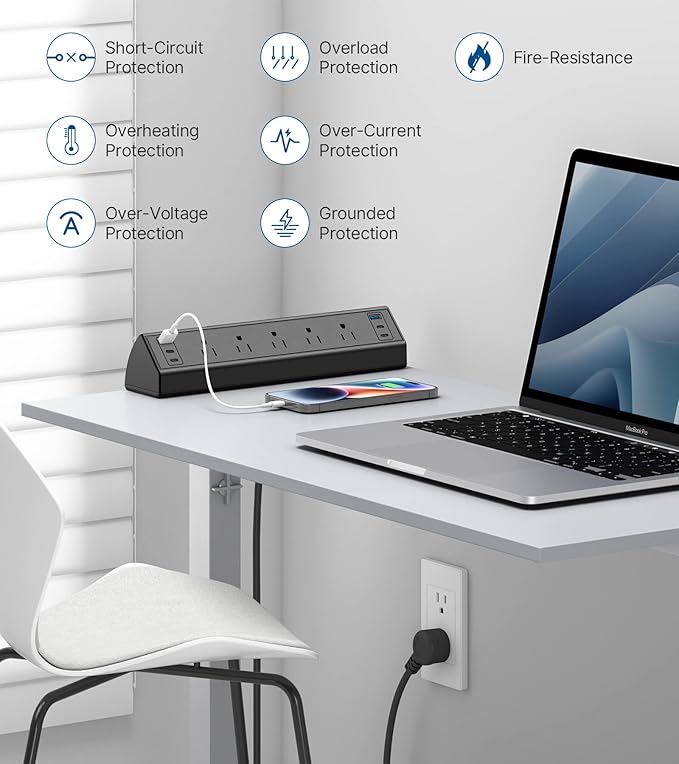Desk Clamp Power Strip USB C,Under Desk Mount Power Station,20W Fast Charging,Fits 1.9'' Tabletop Edge,Desk Surge Protector,Perfect Home,Office Supplies (Black, 5 Outlets & 6 USB Ports & 25 FT Cable)