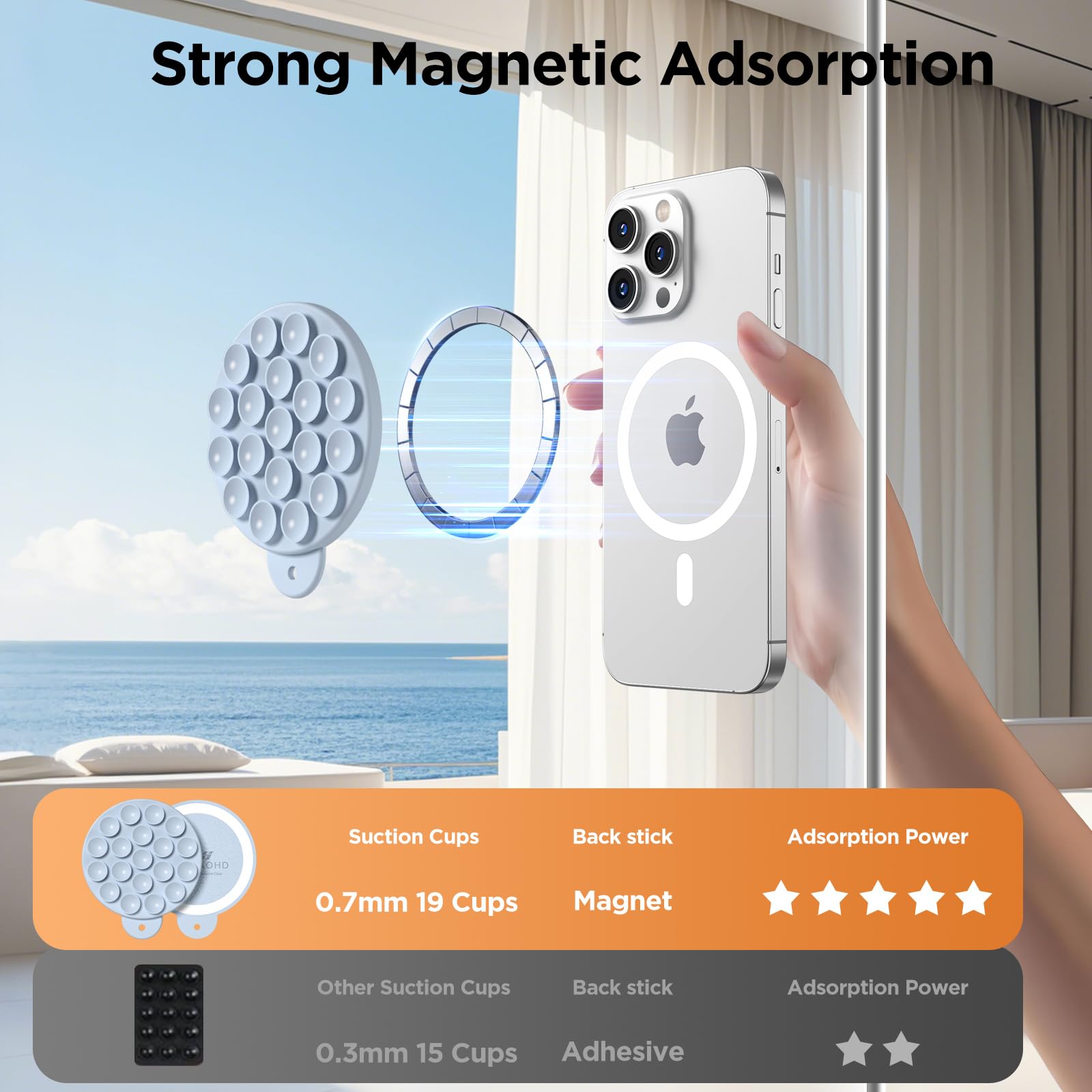 HSAOHD Magnetic Suction Cup Phone Mount with MagSafe, Silicone Hands-Free Grip Holder for iPhone Case and Android, Mirror Shower Phone Stand for Makeup FaceTime Gym Kitchen Bathroom, Baby Blue