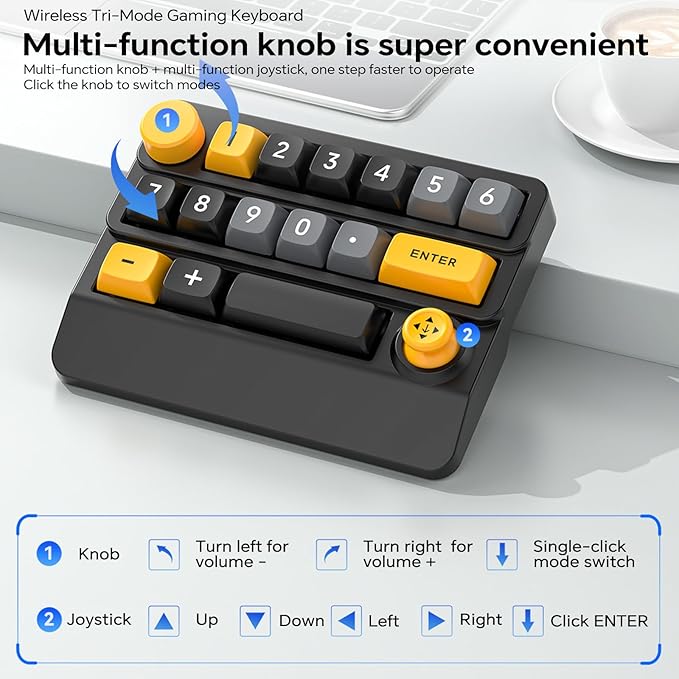 Adventurers W909 Wireless RGB Mechanical Numeric Keypad, Hot-Swappable, Macro-Programmable Numpad, Joystick & Knob Control for PC/Tablet/Laptop/Phone, Tri-Mode Connectivity (Red on Black)
