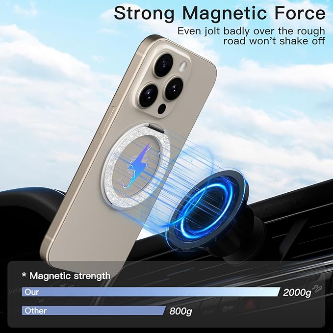 COOLQO Upgraded Magnetic Phone Ring Holder Stand, Super Magnet Cell Phone Grip Finger Kickstand Compatible with MagSafe Mag Safe Accessory for iPhone All Smartphones (1-Glitter Silver)
