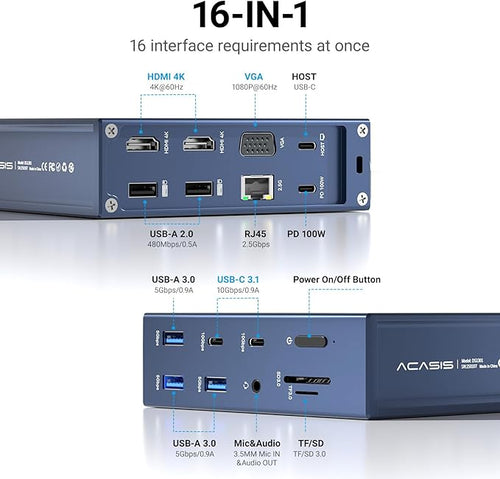 ACASIS USB C Docking Station Dual Monitor, 16-in-1 Laptpop Docking Station with 2* HDMI,VGA,2.5G Ethernet,SD/TF,10Gbps USB-C 3.1,3.5mm Audio,PD100W,USBC Hub for Dell/Lenovo/HP/ThinkPad (Gray)