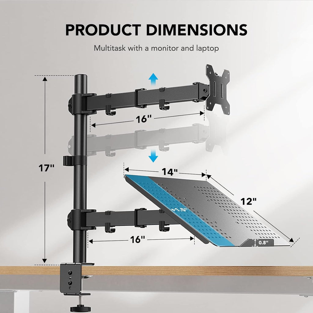 HUANUO Adjustable Monitor Arm with Laptop Tray, Single Desk Mount for 13-32" VESA Monitors up to 22 lbs, 14" x 12" Laptop Tray