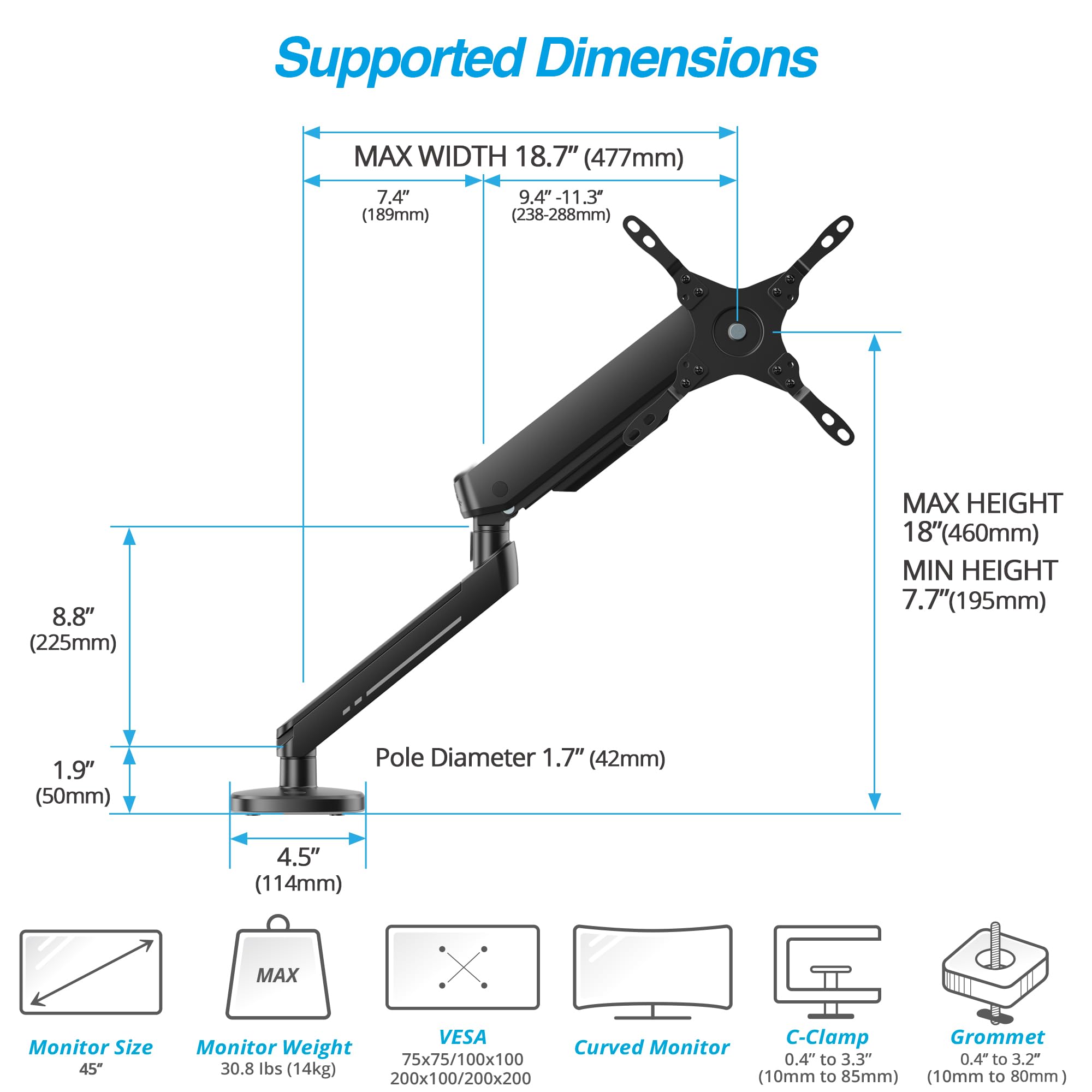 AVLT Single 27”-45” RGB Gaming Monitor Arm Desk Mount -Black