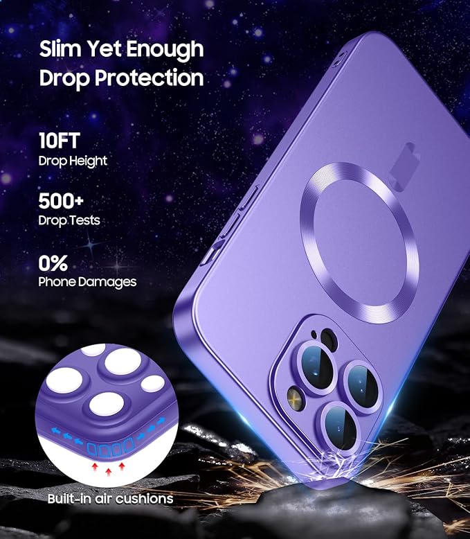 Magnetic for iPhone 15 Pro Max Case [Compatible with MagSafe][Built-in Camera Lens Protector] Slim Soft Silicone Bumper Shockproof Metallic Luster Phone Case (Purple)