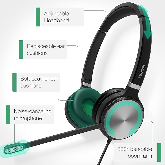 Yealink UH36 Professional USB Headset Wired Headphones for Work Calls and Music, Headset with Noise Cancelling Mic for Computer PC Laptop（UC Compatible, Stereo,3.5mm Jack/USB Connection）