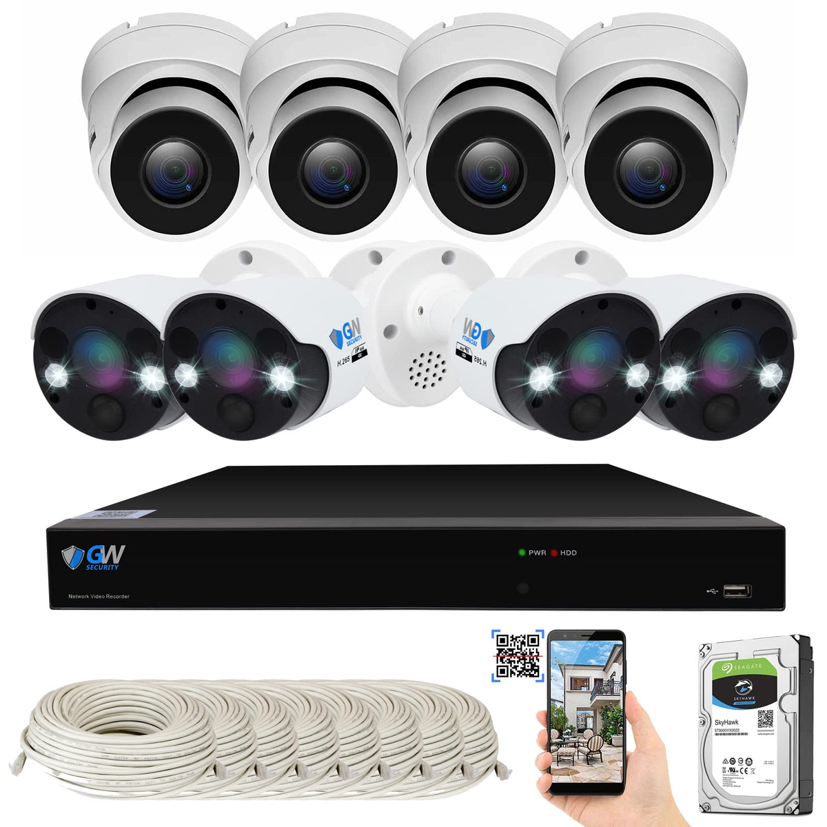GW 8 Channel 4K NVR 8MP 4K AI Smart Home Security Camera System, (4) Dome and (4) Bullet Built-in Microphone Audio Recording HD 2160P IP PoE Cameras, Face Recognition/Human/Vehicle Detection