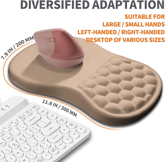 Ergonomic Joint Wrist Support Mouse Pad with Memory Foam Cushion Massage Bump, Carpal Tunnel Pain Relief Mousepad Slope Design for Wrist Rest, 11.8x7.9 in, Tan
