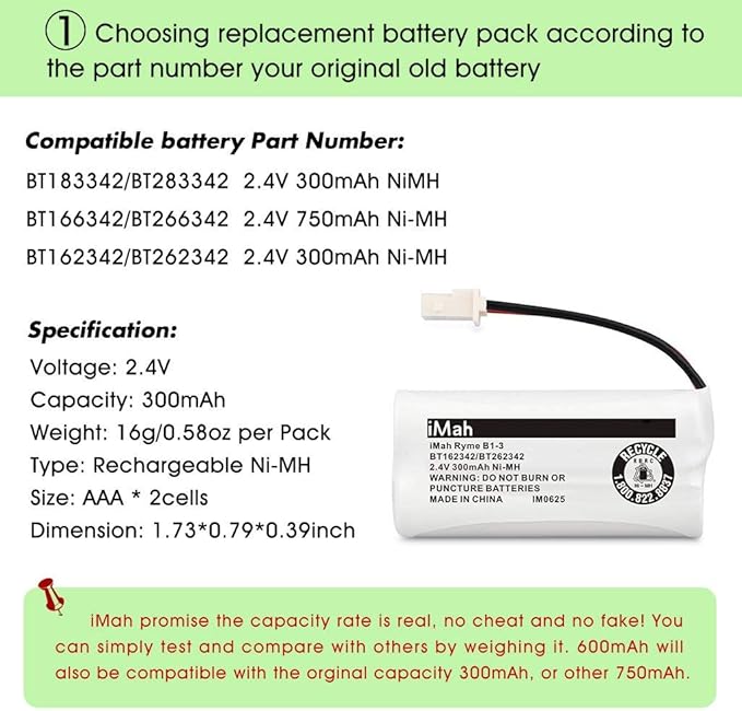 iMah BT162342 BT262342 Cordless Phone Batteries Compatible with BT183342 BT283342 BT166342 BT266342 VTech CS6114 CS6419 CS6719 AT&T EL52300 CL80111 Handset Telephone (Pack of 2)