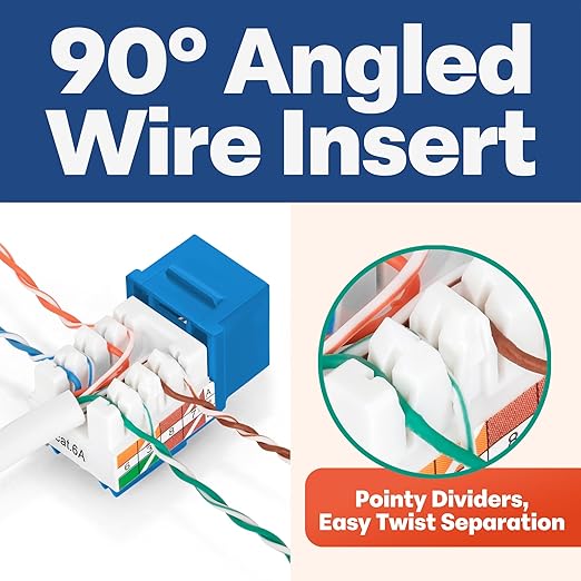 Everest 90° Angled RJ45 Cat6A Keystone Jacks 100-Pack in Blue - Slim Profile Female RJ45 Connectors - Cat 6A Keystone Jack - Compatible with 90° Angled Speed Termination Tool - easyJACK (B094WB91H3)