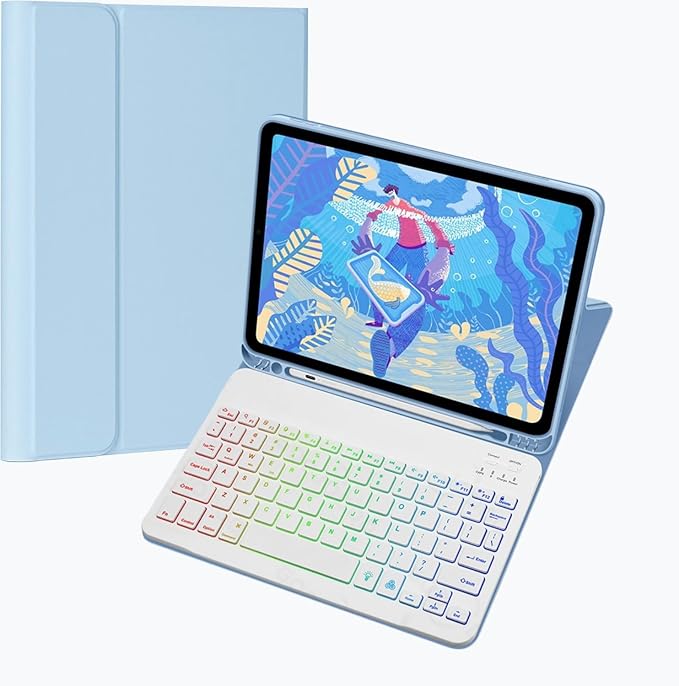 Keyboard Case for Galaxy Tab S10 Plus/S9 Plus/S9 FE Plus/S8 Plus/S7 Plus/S7 FE 12.4 Inch, 7 Color Rainbow Backlight Detachable Magnetic Keyboard Cover with S Pen Holder,Sky Blue