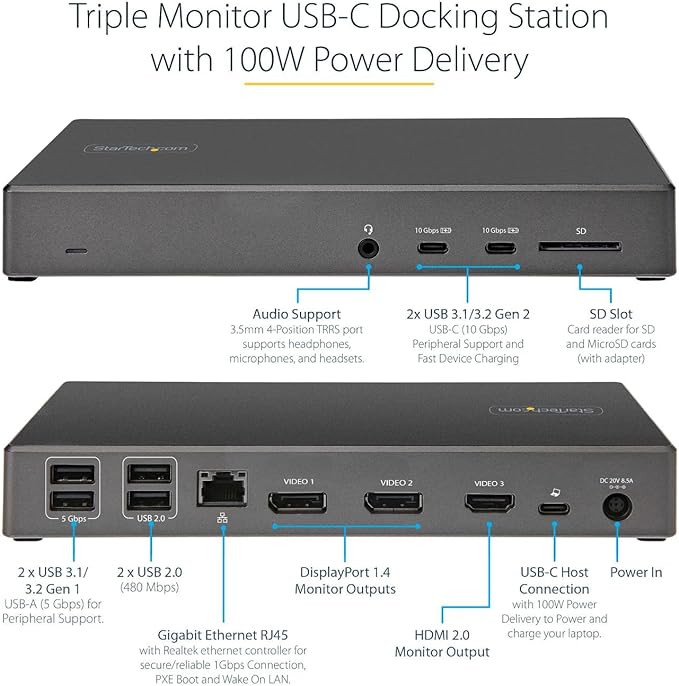 StarTech.com USB C Dock - Triple 4K Monitor USB Type-C Docking Station - 100W Power Delivery - DP 1.4 Alt Mode & DSC, 2X DisplayPort 1.4/HDMI 2.0-6xUSB (2X 10Gbps), SD - Windows/Chrome (DK31C2DHSPD)