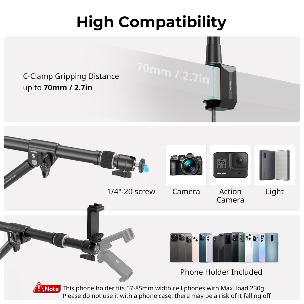 SMALLRIG Triangle Camera Desk Mount, Overhead Desk Clamp Phone Mount