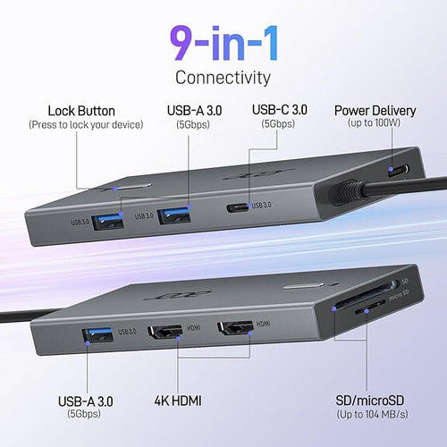 Acer USB-C Docking Station Dual Monitor, 9-in-1 Laptop Dock with 2 HDMI