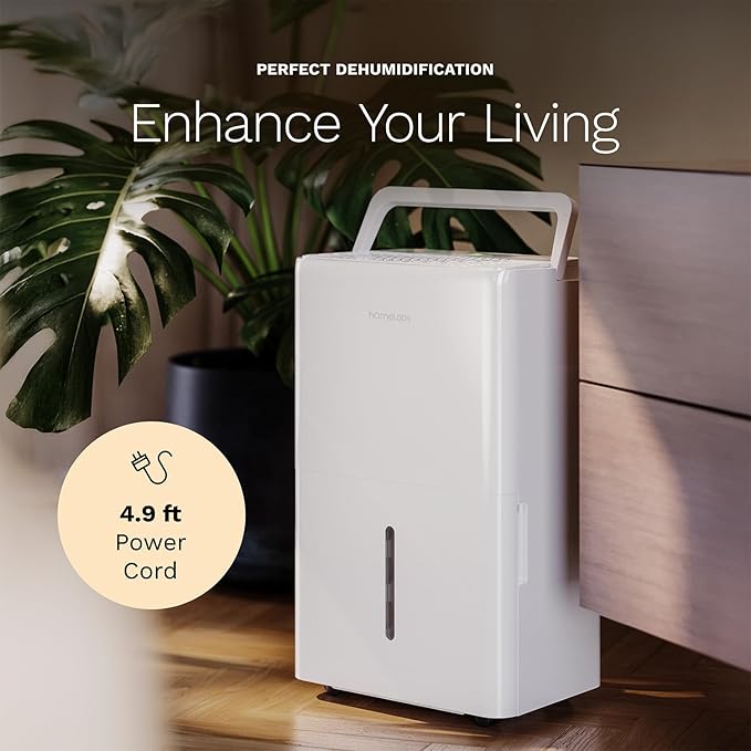 hOmeLabs 25 Pint Wi-Fi Dehumidifier for up to 3,500 Sq Ft Rooms (MAX 64 Pint at 95°F, 90% RH) – High-Efficiency Moisture Removal for Medium to Large Spaces with Auto Shut-Off and Quiet Operation