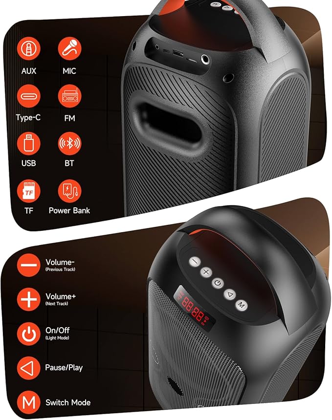 Portable Bluetooth Speakers with 120dB Loud Sound|Beat-Driven Light Show, 5 RGB Modes, Bluetooth 5.3, USB/TF/AUX/FM/Mic Input/TWS | Portable for Party, Camping, Tailgating, Backyard, Indoor Gatherings