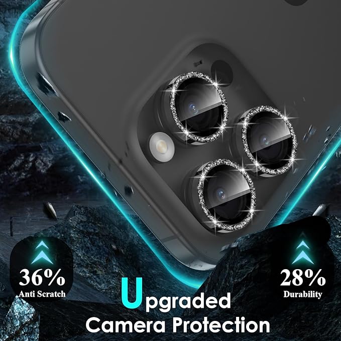 YWXTW Designed for iPhone 15 Pro/iPhone 15 Pro Max Camera Lens Protector Bling, [New Glitter Design] Individual Metal Tempered Glass Camera Cover Accessories Case Friendly (Black Titanium Glitter)