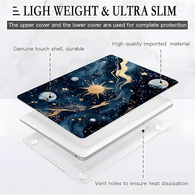 Compatible with MacBook Air 13.3 13.6 Inch Case 2022 2021 2020 2019 Plastic Hard Shell Case Cover,13.3 Pro(A1706/A1708/A1989/A2159/A2289/A2338), Moon and Sun