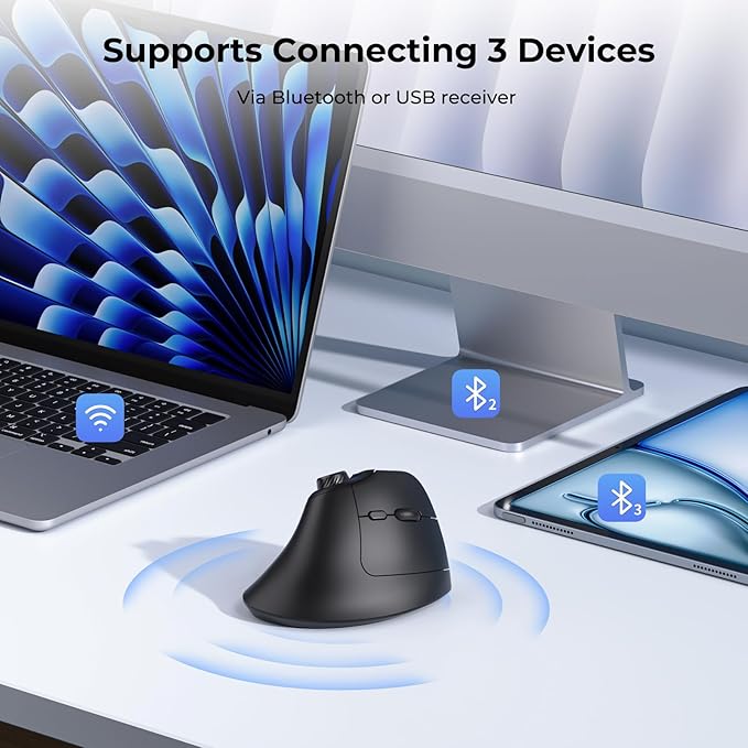 seenda Ergonomic Mouse Rechargeable, USB+Dual Bluetooth, MOU-302 Vertical Wireless Mouse with Volume Knob, Quiet Clicks, Multi-Device Cordless Mice Compatible for Windows, PC, Laptop, Mac OS, Black