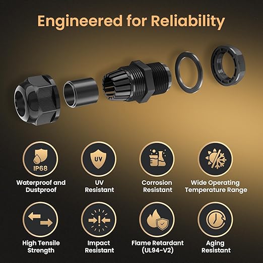QILIPSU 50pcs M20SL Long Thread Cable Gland Waterproof IP68 Nylon Strain Relief Cord Grip Cable Pass Through Wire Connector