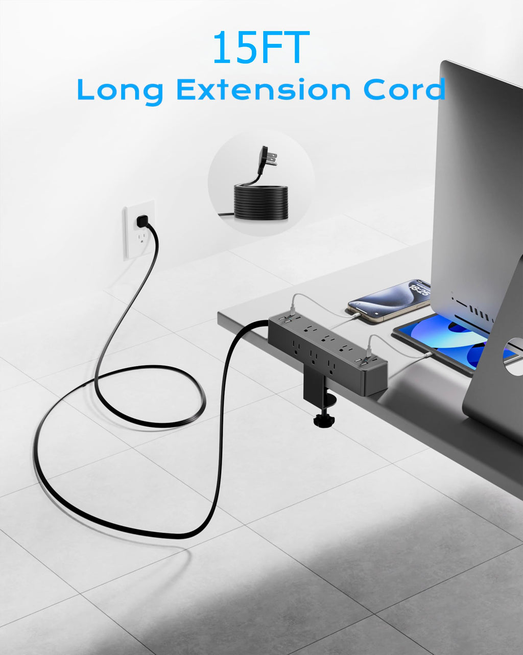 Acozvin Desk Clamp Power Strip 15FT, 40W Total Fast Charging Station
