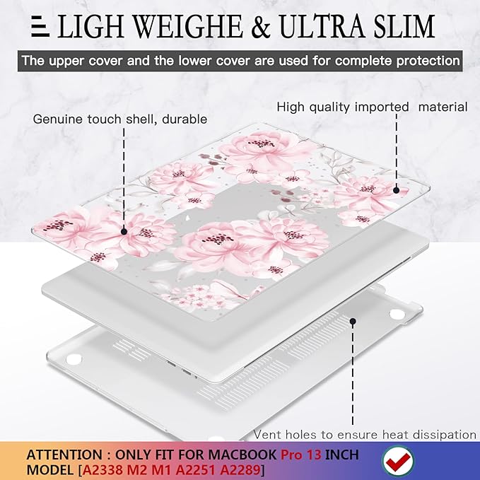 CISSOOK Compatible with MacBook Pro 13 inch Case M2 M1 Chip 2025-2016 Release A2338 A2251 A2289 A2159 A1989 A1706 Model with Touch Bar, Plastic Hard Shell Case +Keyboard Cover, Cute Pink Flower