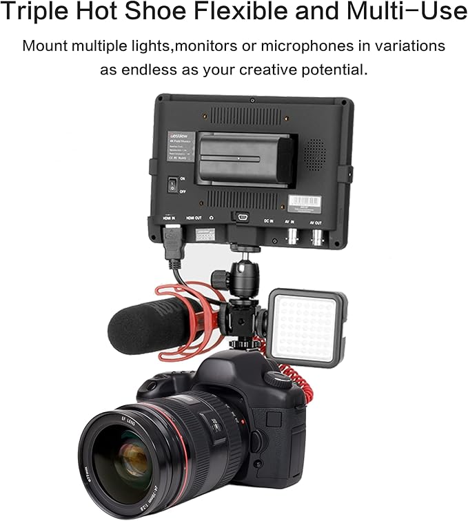 Triple Cold Shoe Mount Cold Shoe Adapter, 360 Degree Swivel Aluminum Camera Hot Shoe Extension Bracket with 3 Port Cold Shoe Mounts for Camera Cage Flash LED Light Monitor Microphone