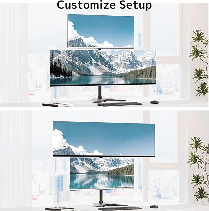 Dual Monitor Stand Heavy Duty - 17-49 inch Freestanding Vertical Dual Monitor Arm, Adjustable Stacked Double Monitor Desk Mount, Max Load 44 lbs (per Screen), VESA 75/100 mm, Black