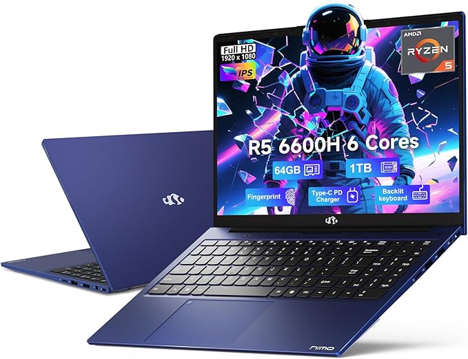 NIMO 15.6" IPS FHD-Gaming-Laptop, AMD Ryzen 5 6600H 6-Cores 660M GPU 64GB DDR5 RAM 1TB SSD(Beat i7-1165G7, Up to 4.5GHz) Computer with 100W GaN Type C Fingerprint Backlit Keyboard Win 11