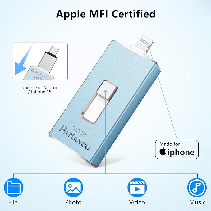 Patianco Apple MFi Certified 512GB iPhone/iPad USB Flash Drive, Lightning Connector, USB 3.0, 100/625 MB/s Read/Write, Portable Photo Stick for iPhone/iPad/Computer, Blue